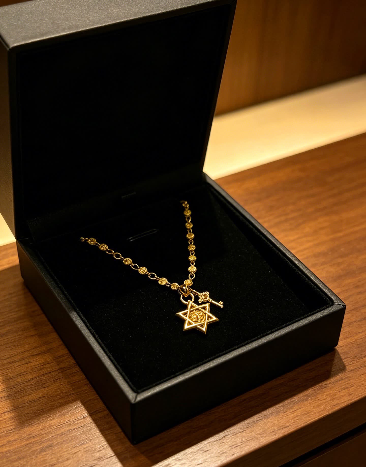 Chrome Hearts Gold-Plated Star of David Necklace with Key Charm